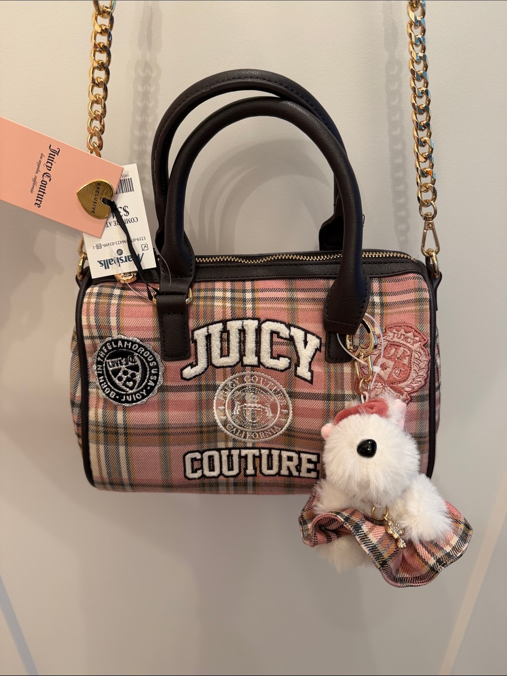Juicy Couture Pink Plaid Mini Satchel with Brown Trim and Gold Chain